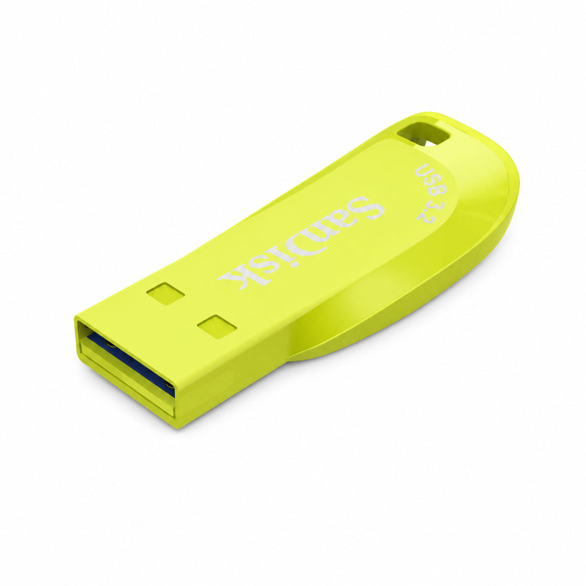 A SanDisk USB Ultra Shift flash drive in a bright yellow color, shown at an angle on a clean white background.