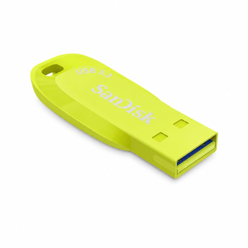 A SanDisk Ultra Shift USB 3.2 flash drive in a bright yellow color, shown at an angle on a clean white background.
