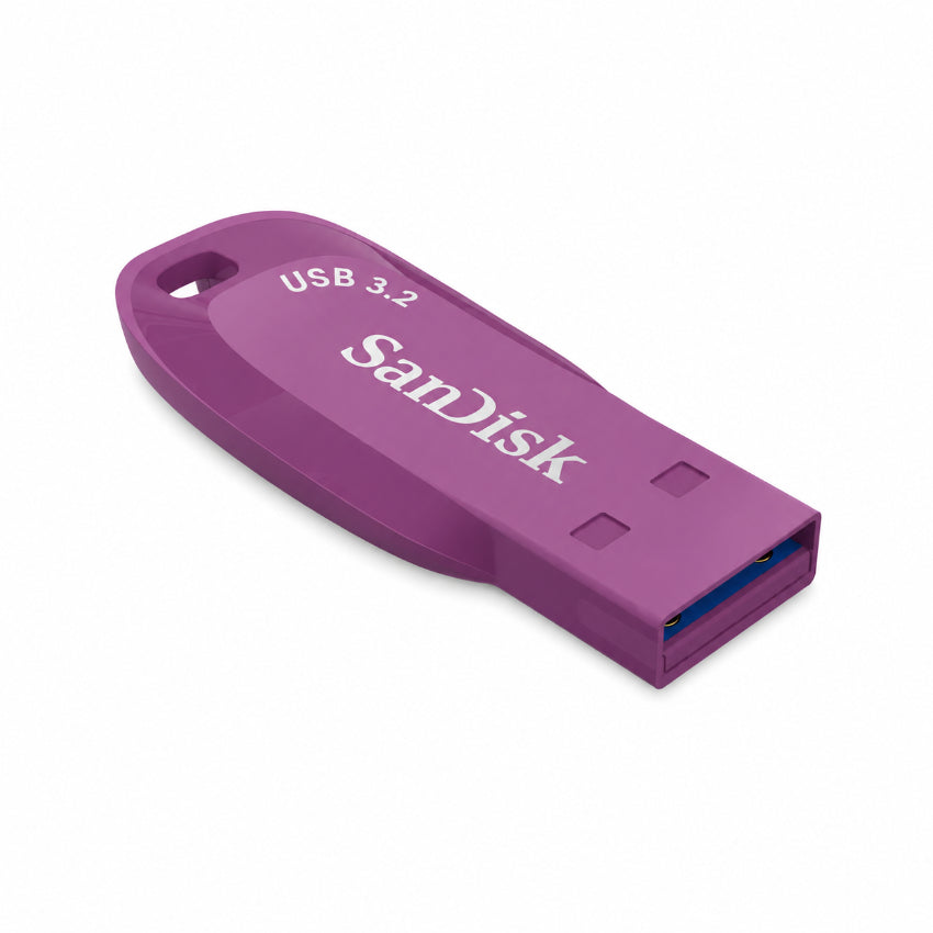 A SanDisk Ultra Shift  USB 3.2 flash drive in a metallic purple color, shown at an angle on a clean white background.