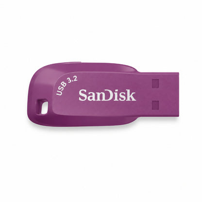 A purple SanDisk Ultra Shift USB 3.2 flash drive with a keyhole cutout, shown on a plain white background.