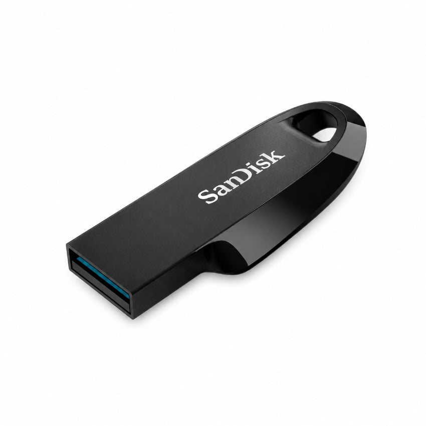 A Black SanDisk Ultra Curve USB flash drive in glossy black with a blue USB connector, shown on a clean white background.