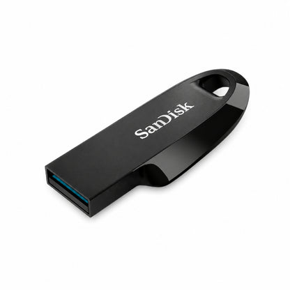 A Black SanDisk Ultra Curve USB flash drive in glossy black with a blue USB connector, shown on a clean white background.