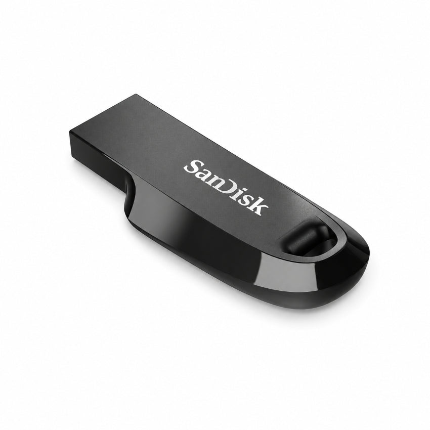 A SanDisk Ultra Curve black USB flash drive with a glossy finish and white brand logo, shown on a clean white background.