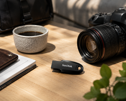 A black SanDisk Ultra Curve USB flash drive lies on a light wood tabletop, surrounded by lifestyle props including a camera lens, a cup of coffee, a wallet, notebooks, and green leaves in natural sunlight.