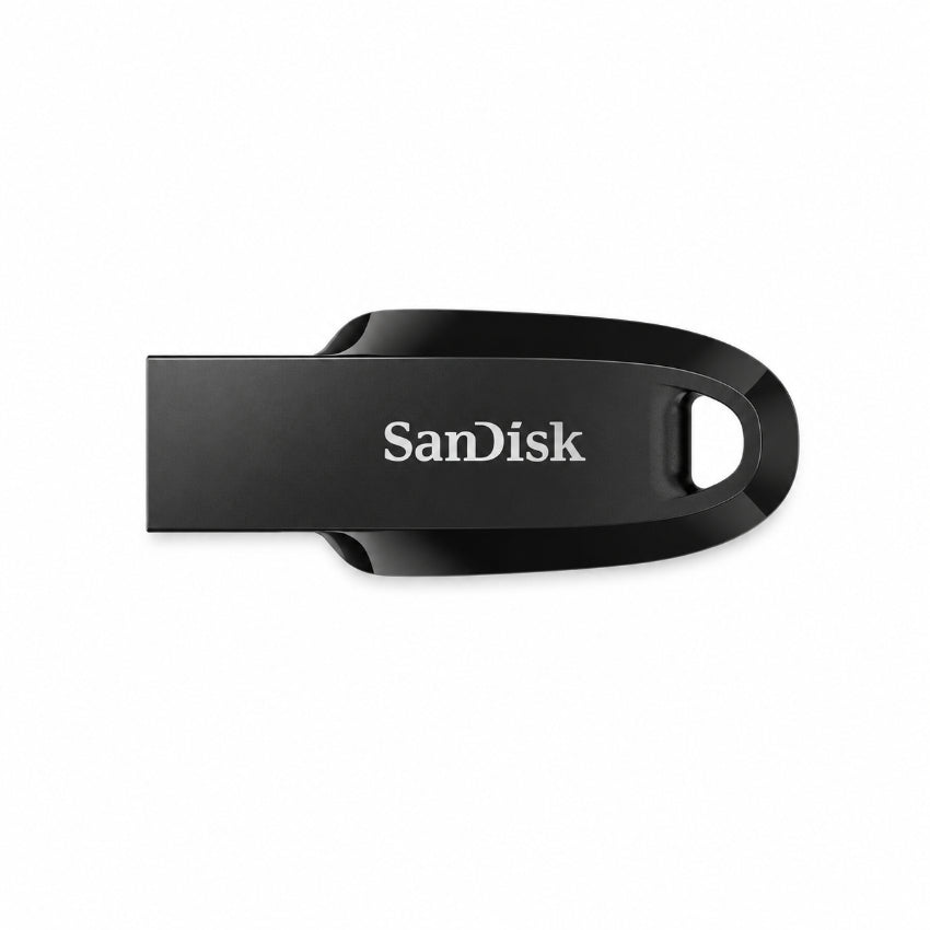 A black SanDisk Ultra Curve USB flash drive with a sleek, matte finish and a white printed SanDisk logo, shown on a clean white background.