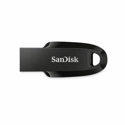 A black SanDisk Ultra Curve USB flash drive with a sleek, matte finish and a white printed SanDisk logo, shown on a clean white background.