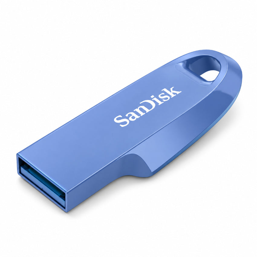 A blue SanDisk Ultra Curve USB Gen3.2 flash drive with a keyring loop on the end, shown at an angle on a clean white background.