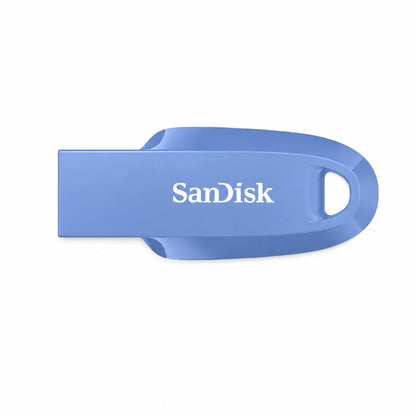 A blue SanDisk Ultra Curve USB flash drive with a keyhole-shaped end and the SanDisk logo printed in white, shown on a plain white background.