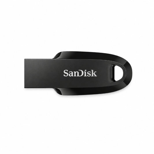 A black SanDisk Ultra Curve USB flash drive with a sleek, matte finish and a white printed SanDisk logo, shown on a clean white background.