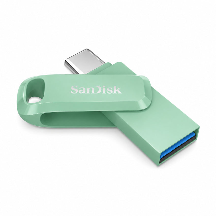 A mint green SanDisk USB-C flash drive with a matching cap, shown on a clean white background. The drive is partially extended, revealing a silver USB-C connector on one end and a blue USB 3.