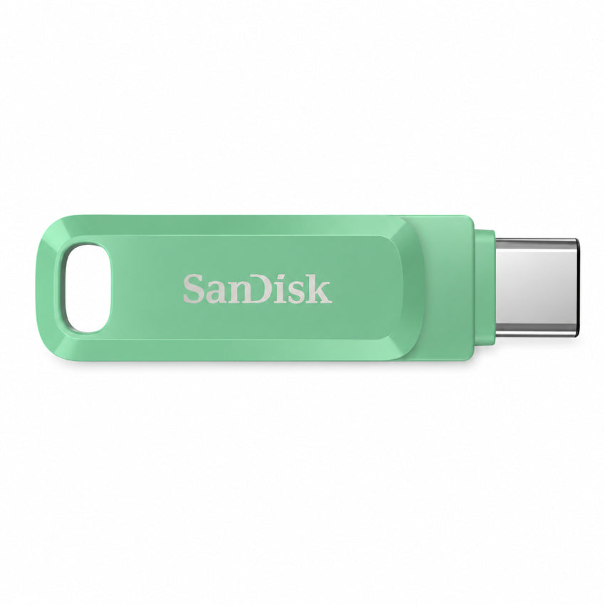 A mint green SanDisk USB-C flash drive with a silver connector, shown on a plain white background.