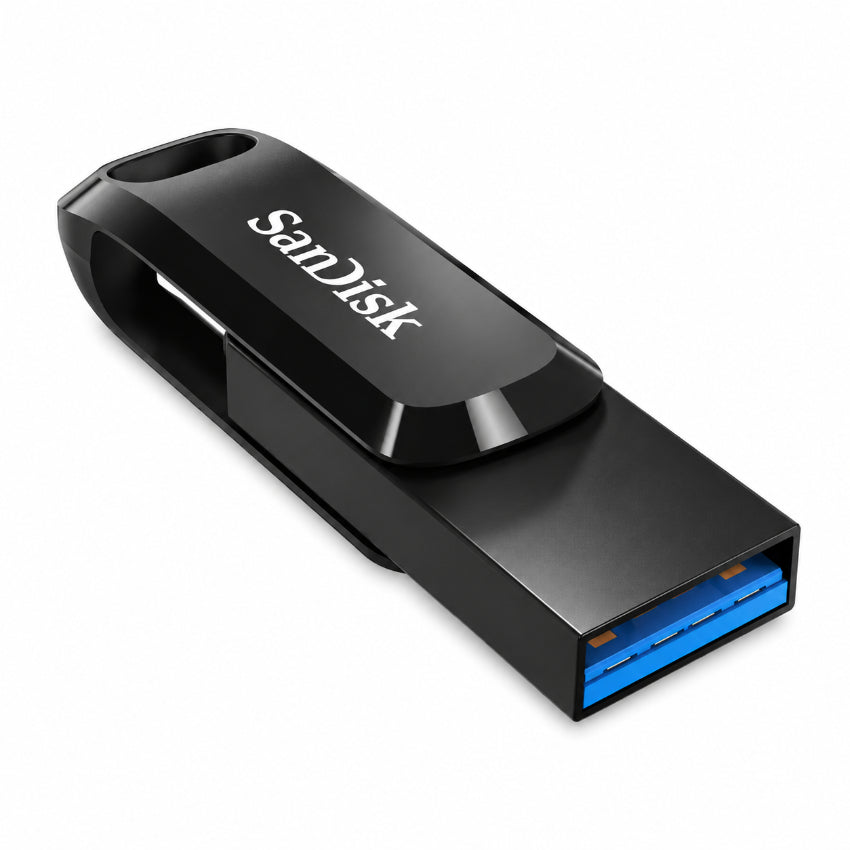 A SanDisk USB flash drive in matte black with a blue USB 3.0 port, shown at an angle on a clean white background.