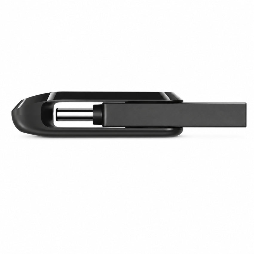 A close-up side view of a black plastic and metal Sandisk USB Flash Drive on a solid white background.