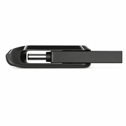 A close-up side view of a black plastic and metal Sandisk USB Flash Drive on a solid white background.