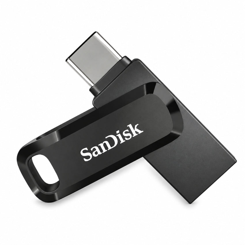 A SanDisk USB-C flash drive in matte black with a silver metallic USB-C connector, shown on a clean white background.