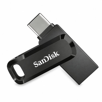 A SanDisk USB-C flash drive in matte black with a silver metallic USB-C connector, shown on a clean white background.