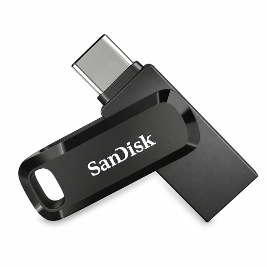 A SanDisk USB-C flash drive in matte black with a silver metallic USB-C connector, shown on a clean white background.