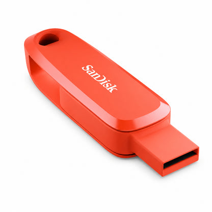 An orange SanDisk USB flash drive with the SanDisk logo printed in white on the top surface, shown on a clean white background.
