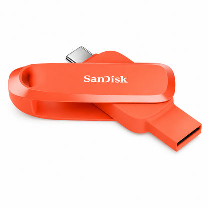 A SanDisk USB flash drive in a bright orange-red color, featuring a dual-connector design with a USB-C connector on one end and a USB-A connector on the other, shown against a plain white background.