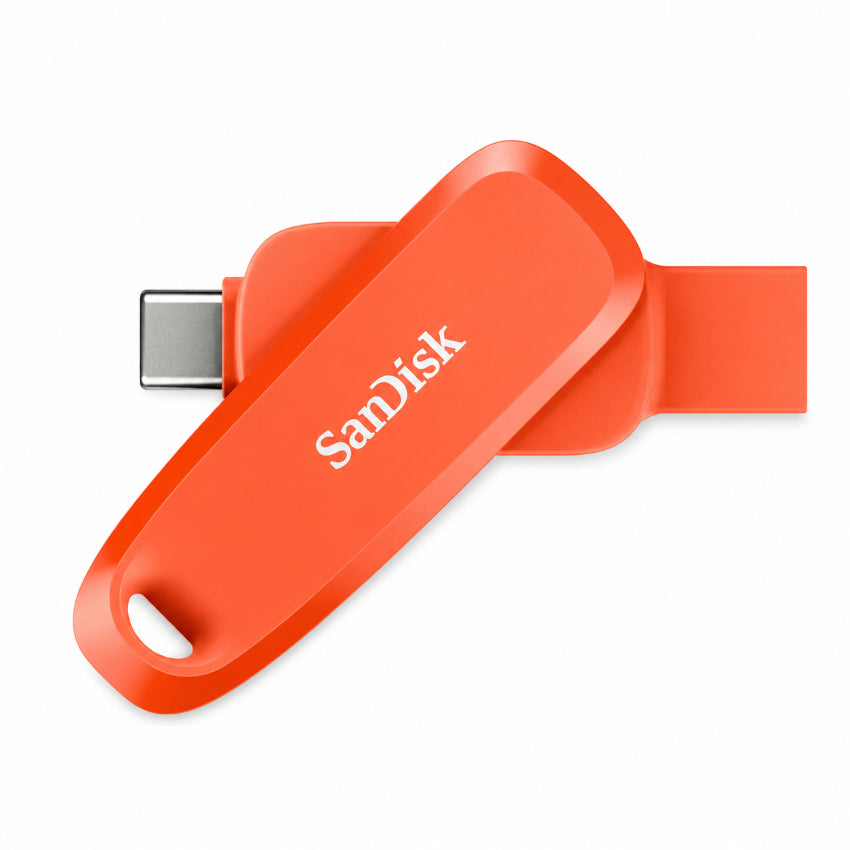 An orange SanDisk USB-C flash drive with a keychain-style cap, shown on a clean white background.