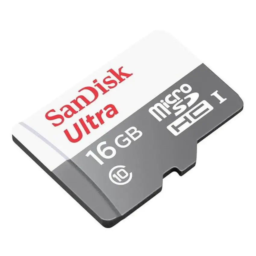 A SanDisk Ultra 16GB microSDHC memory card shown at an angle on a plain white background.