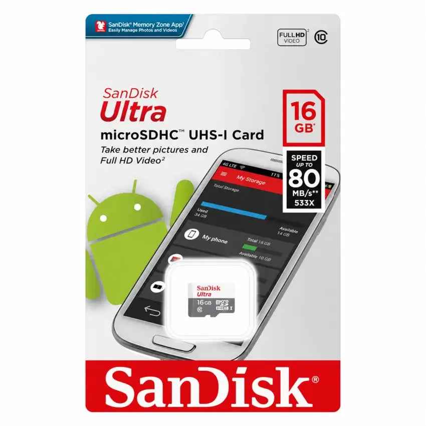 SanDisk Ultra microSDHC UHS-I Card 16GB in retail packaging, showing the card, smartphone mockup, Android mascot, speed badges, and the SanDisk branding.