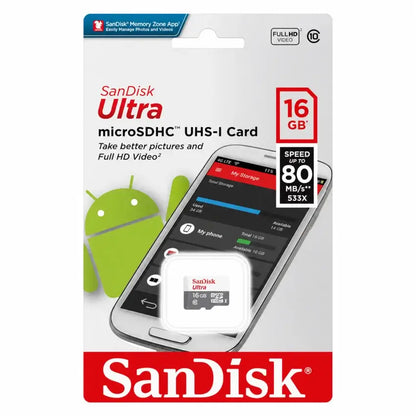SanDisk Ultra microSDHC UHS-I Card 16GB in retail packaging, showing the card, smartphone mockup, Android mascot, speed badges, and the SanDisk branding.