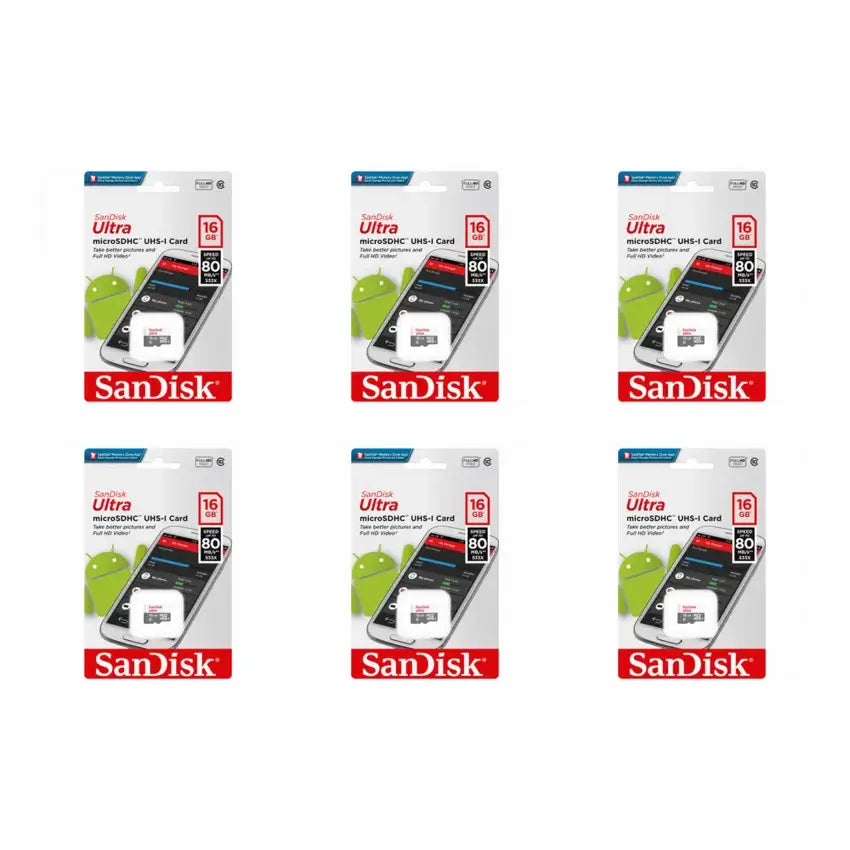 Six retail packages of SanDisk Ultra microSDHC 16GB UHS-1 cards arranged in a 2x3 grid on a plain white background.