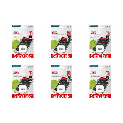 Six retail packages of SanDisk Ultra microSDHC 16GB UHS-1 cards arranged in a 2x3 grid on a plain white background.