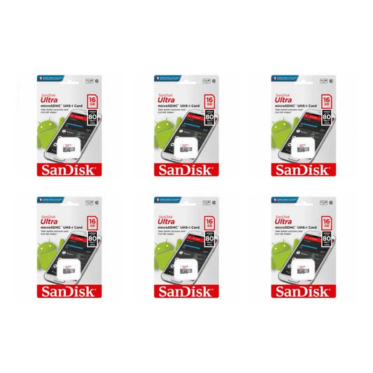 Six retail packages of SanDisk Ultra microSDHC 16GB UHS-1 cards arranged in a 2x3 grid on a plain white background.