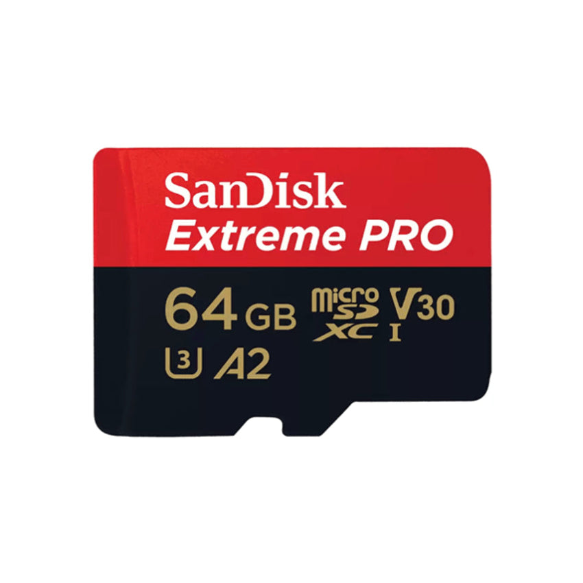 SanDisk Extreme PRO 64GB microSD card on a white background
