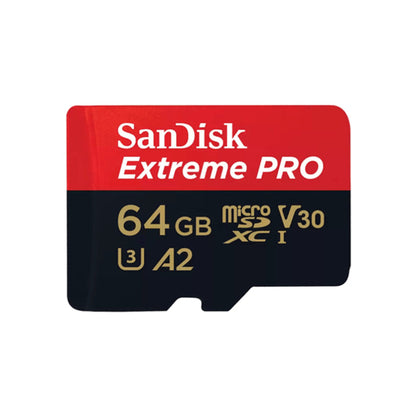 SanDisk Extreme PRO 64GB microSD card on a white background