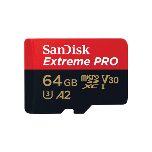 SanDisk Extreme PRO 64GB microSD card on a white background