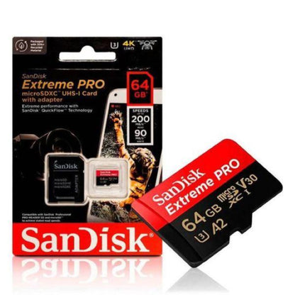 SanDisk Extreme Pro 64GB microSDXC card with packaging on a white background