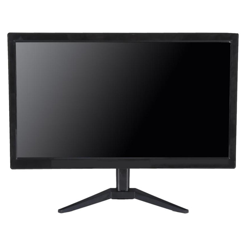 Black computer monitor with a stand on a white background