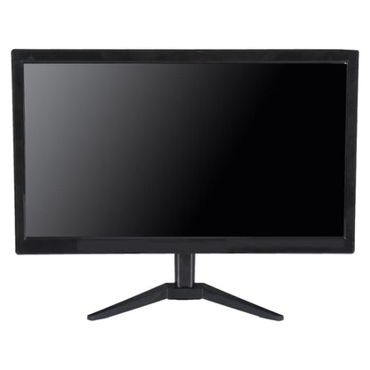 Black computer monitor with a stand on a white background