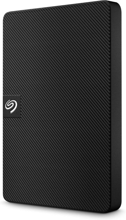 Black external hard drive with Seagate logo on a white background