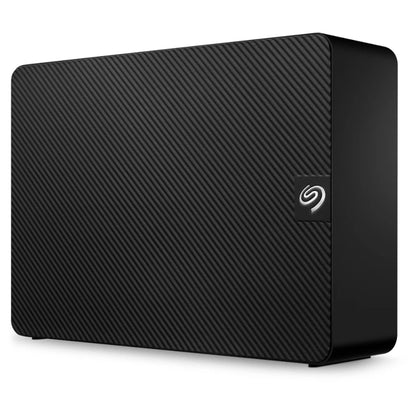 Black Seagate external hard drive on a white background