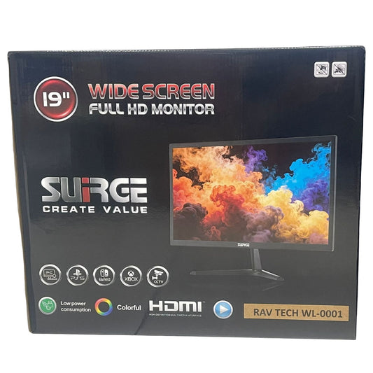 Box of a 19-inch wide screen full HD monitor with colorful display on the packaging.