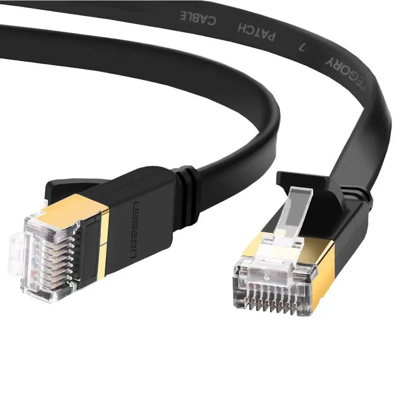 Ethernet cable with gold connectors on a white background