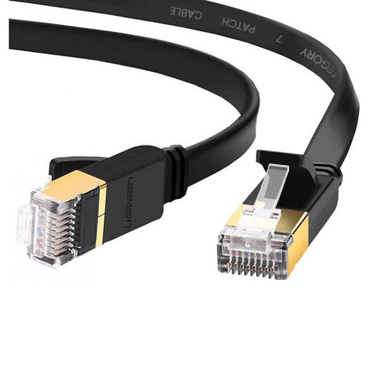 Ethernet cable with gold connectors on a white background