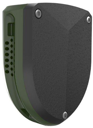 Black and green electronic device on a white background