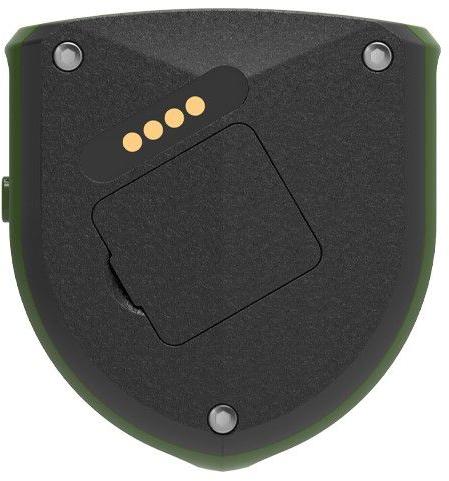 Close-up of a black electronic device with a rectangular slot and four screws on a white background
