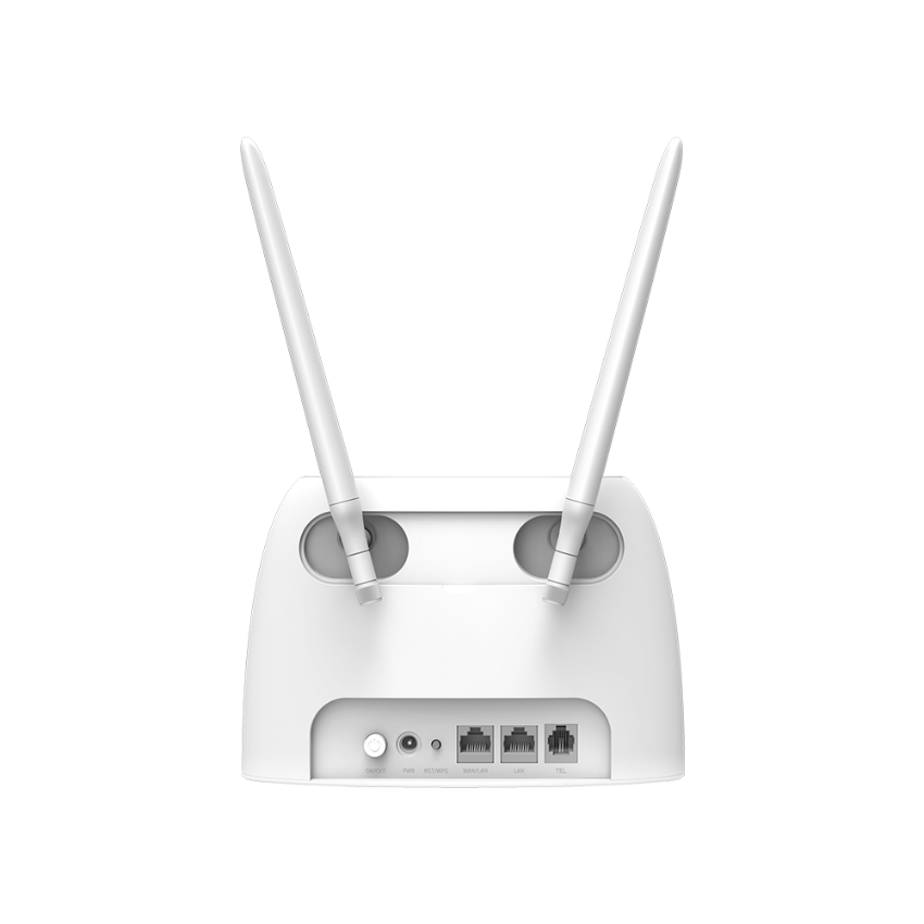 Rear view of the Tenda AG06 Wifi 4G VoLTE Router showing the 2 antennas, RJ11, and 2x RJ45 ports, with the reset and power buttons and power port