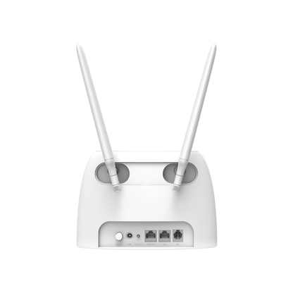 Rear view of the Tenda AG06 Wifi 4G VoLTE Router showing the 2 antennas, RJ11, and 2x RJ45 ports, with the reset and power buttons and power port