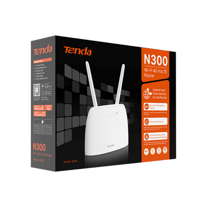 Tenda N300 4G VoLTE Wi-Fi router packaging with clear side view
