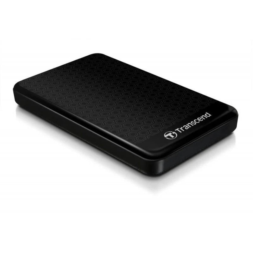 Black external hard drive with Transcend logo on a white background