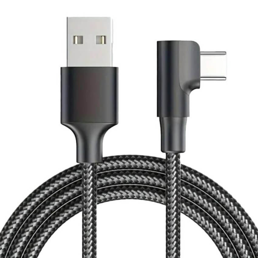 Black braided USB cable with USB connector on a white background