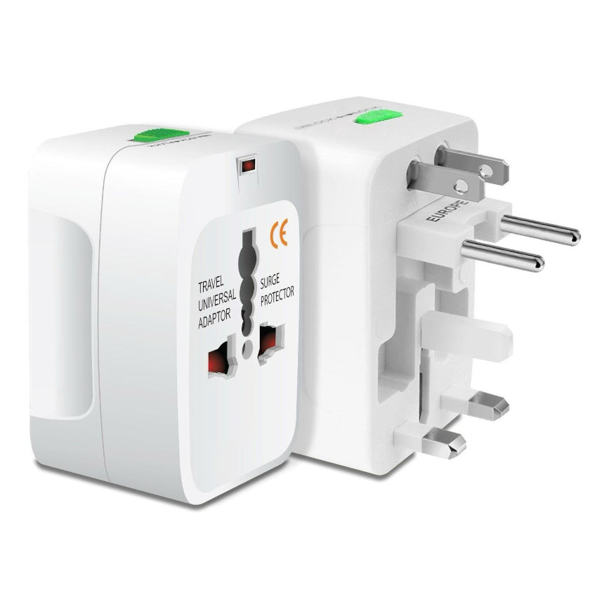 White travel adapter with multiple plug sockets on a white background