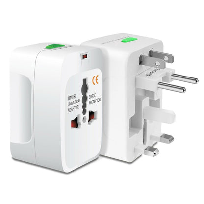 White travel adapter with multiple plug sockets on a white background